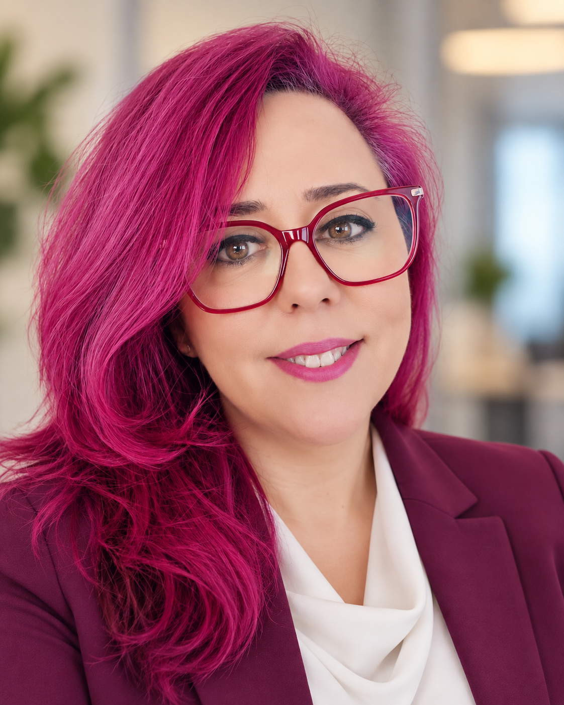 Cristina Carnerero, founder of EvolveBooks, with pink hair and burgundy glasses