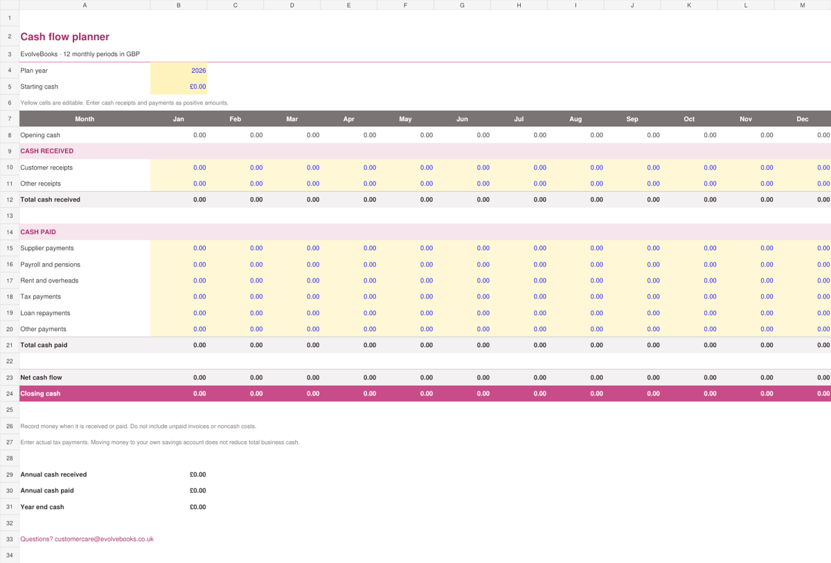 Preview of 12 month cash flow planner
